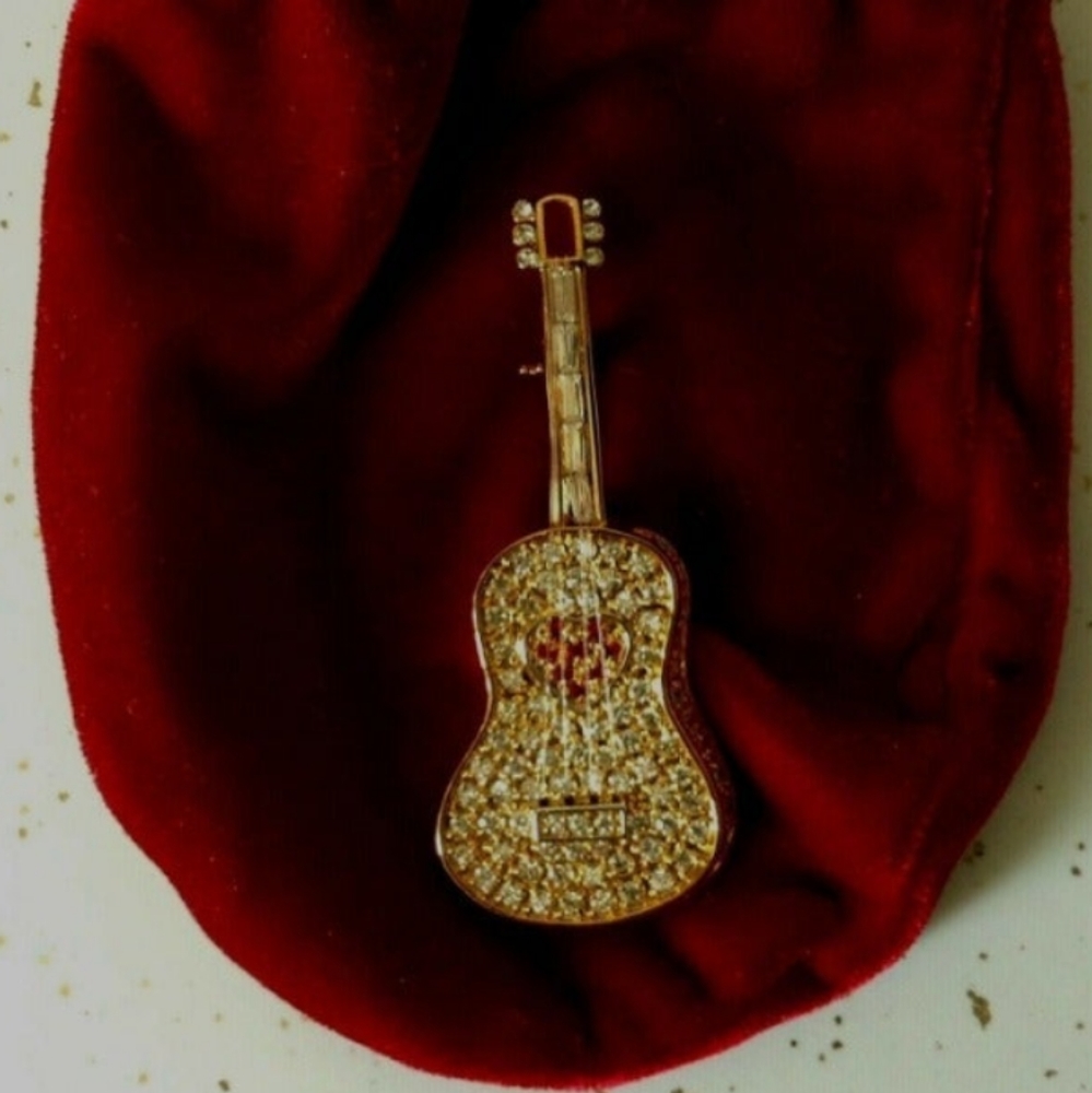 Guitar Pin Brooch Gold Tone w Crystals and Strings QVC